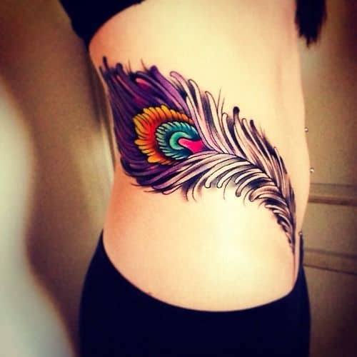 Violet Peacock Feather Side Tattoo