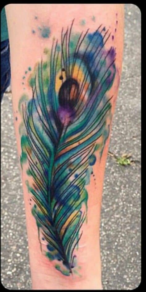 Watercolor Splash Peacock Feather Tattoo