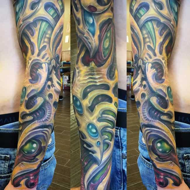 Grey Color 3D Biomechanical Tattoo On Left Arm