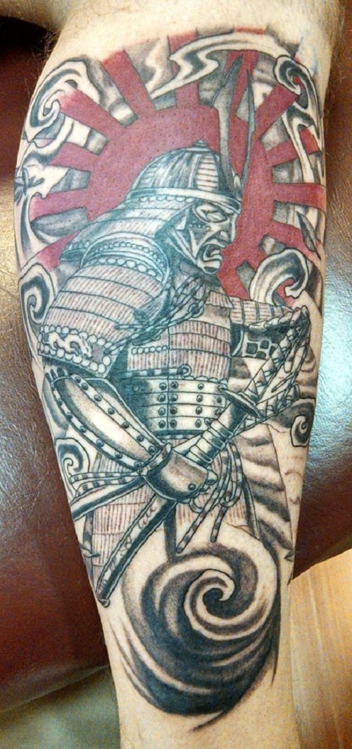 Angry Samurai Tattoo with Red Sun