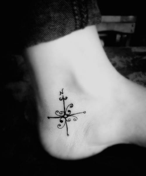 Ankle Compass Tattoo with Swirls