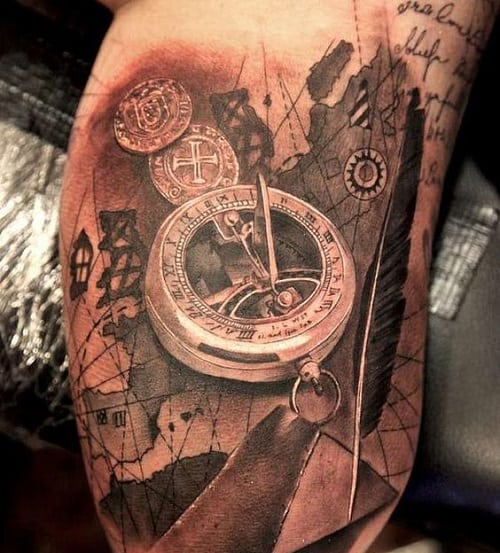 Arm Compass Tattoo with Map and Cursive Writing