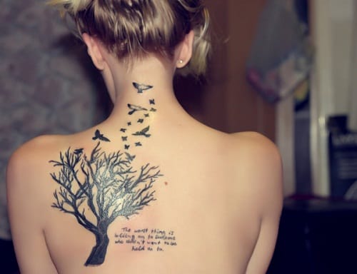 Back Bird Tattoo with Tree and Quotes