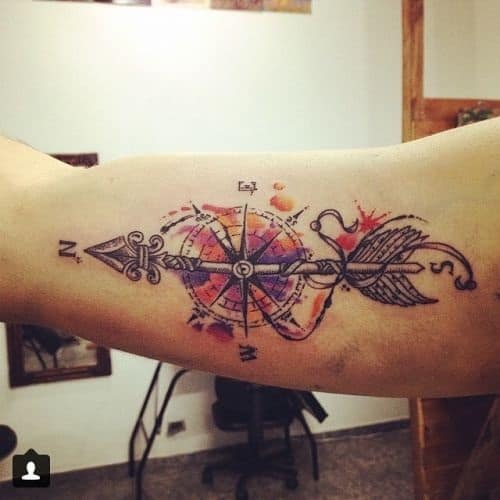 Beautiful Arrow with Colorful Compass Tattoo