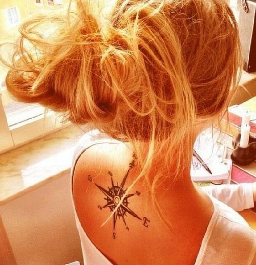 Big Compass Tattoo on Upper Back for Women