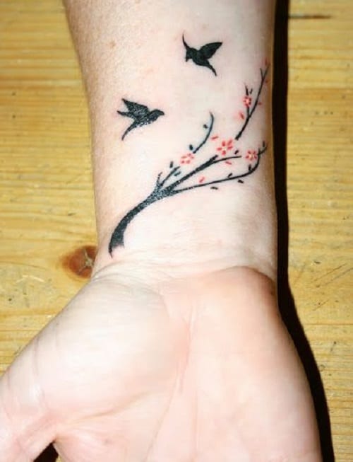 Bird Tattoos with Tree and Orange Flowers