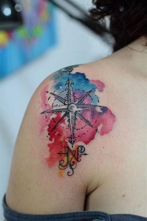 Colorful Arm and Shoulder Compass Tattoo