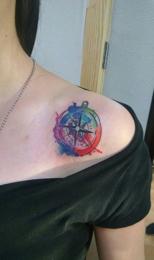 Colorful Compass Tattoo on Shoulder
