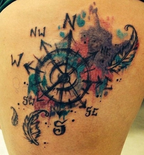 Colorful Compass with Feathers Tattoo