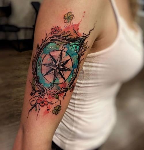 Colorful Flowers and Vines with Compass Tattoo