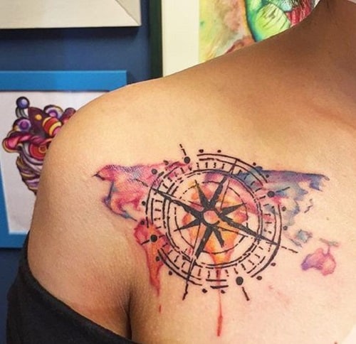 Colorful Map Compass Tattoo