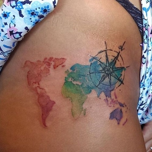 Colorful Map with Black Compass Tattoo