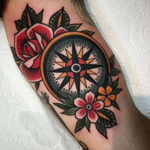 Colorful Solid Compass Tattoo with Dahlias and Roses