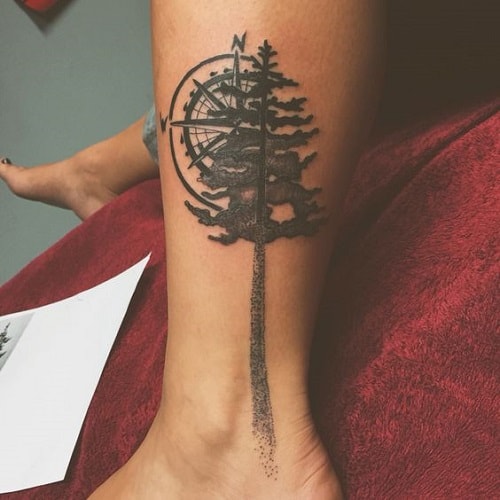 Compass Tattoo Behind a Tree