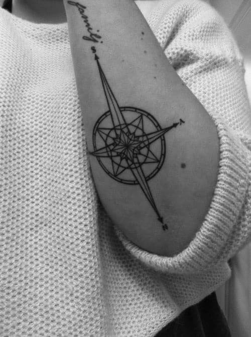 Compass Tattoo on Arm with Cursive Family Writing
