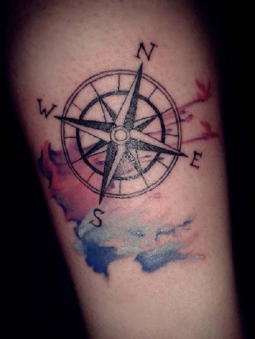 Compass Tattoo on Arm with Bird and Colors