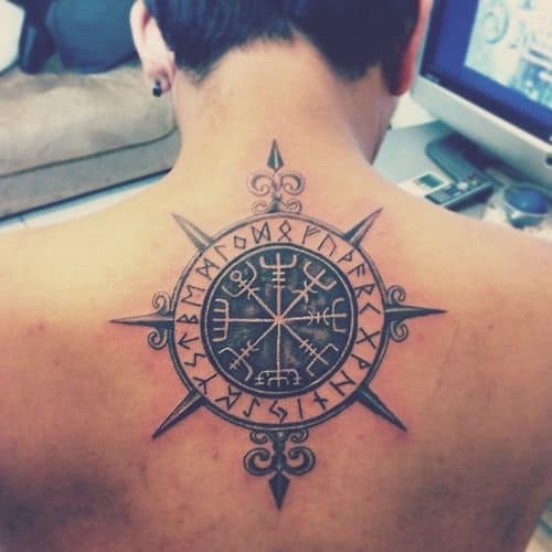 Compass Tattoo on Back with Tribal Writings