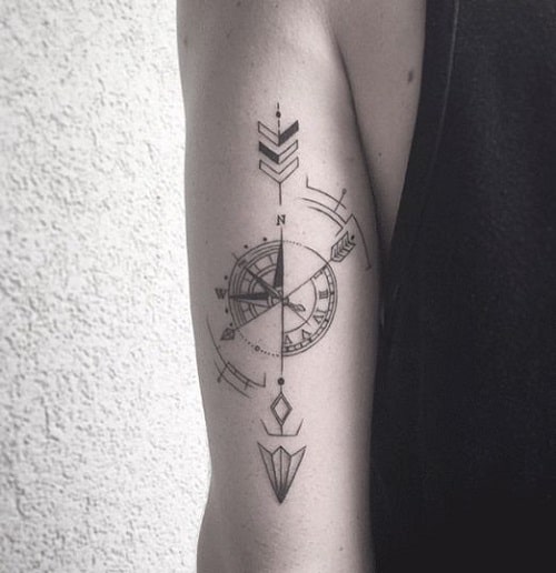 Compass Tattoo with Arrow and Thin Lines