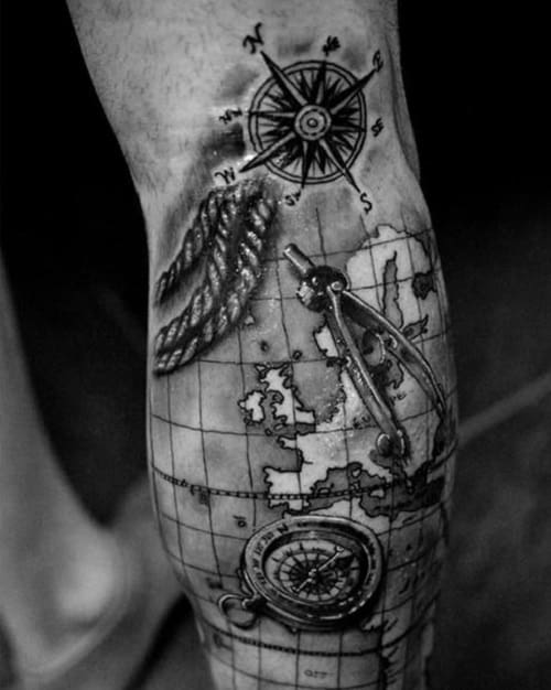 Compass Tattoos with Map on Arm