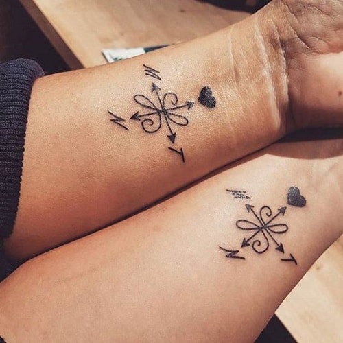 Couple Compass Tattoos with Hearts