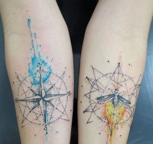 Couples Blue and Yellow Compass Tattoos