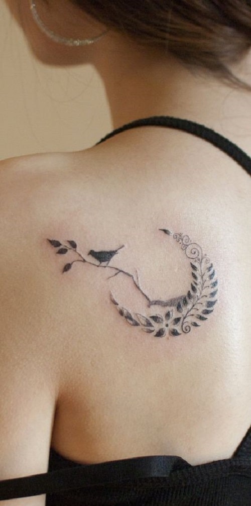 Crescent Moon with Little Bird Tattoo