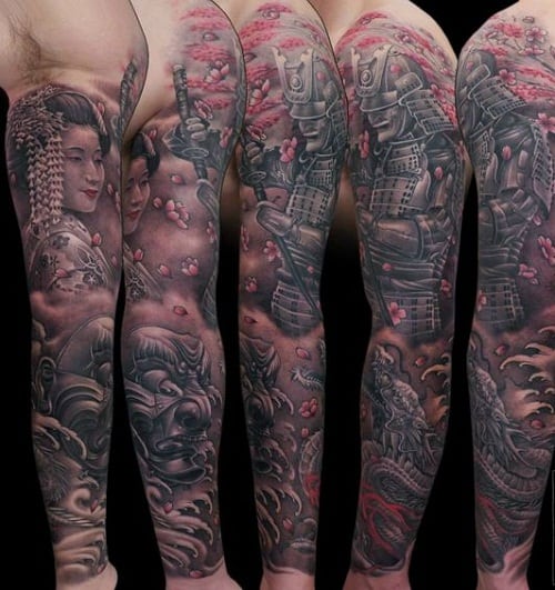 Geisha Loves a Samurai Full Sleeve Tattoo