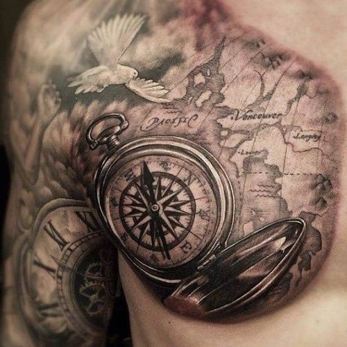 Pacific Map with Dove and Compass Tattoos