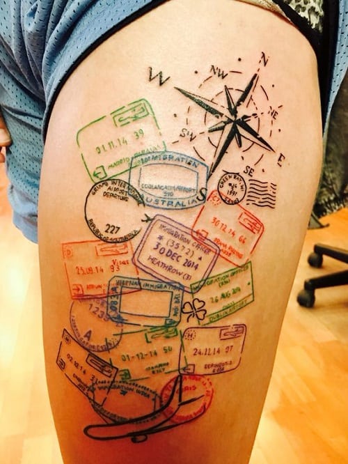 Coloured watercolour globe and compass tattoo on body