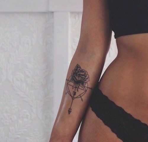 Rose, Cross and Arrow on Compass Tattoo