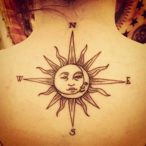 Sun and Moon Inside Compass Tattoo