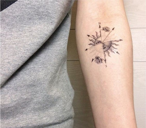 Sun and Roses Compass Tattoo