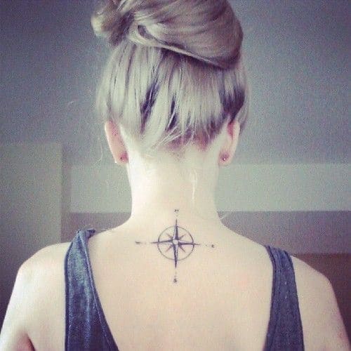 Travel with Compass Tattoo on Lower Neck