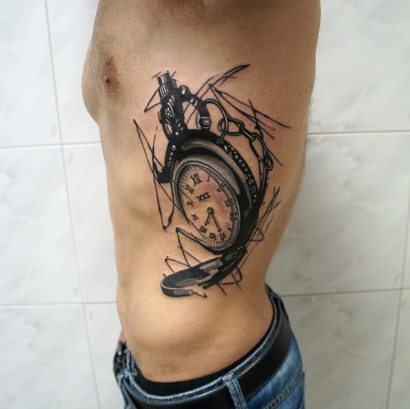 Pocket Watch Tattoo on Ribcage by Dynoz