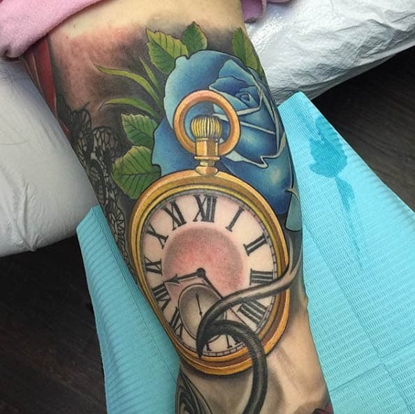 Gold Pocket Watch Tattoo by David Mushaney