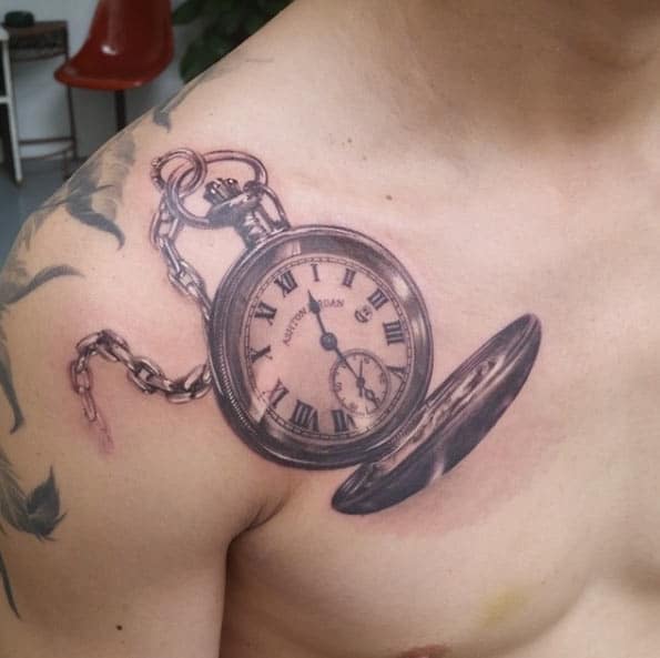 Pocket Watch Tattoo on Shoulder by Ael Lim