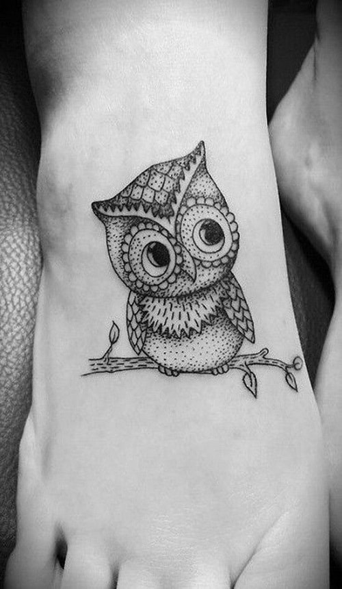Baby Owl Sitting on a Branch Foot Tattoo