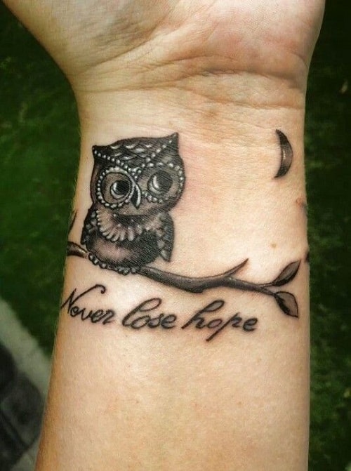 Baby Owl with Small Moon and Quote Tattoo
