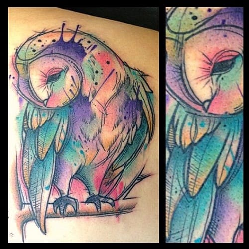 Beautiful Color Splash Owl Tattoo