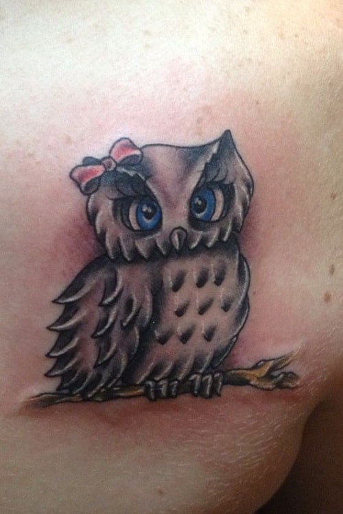 Black Owl with Pink Ribbon Tattoo