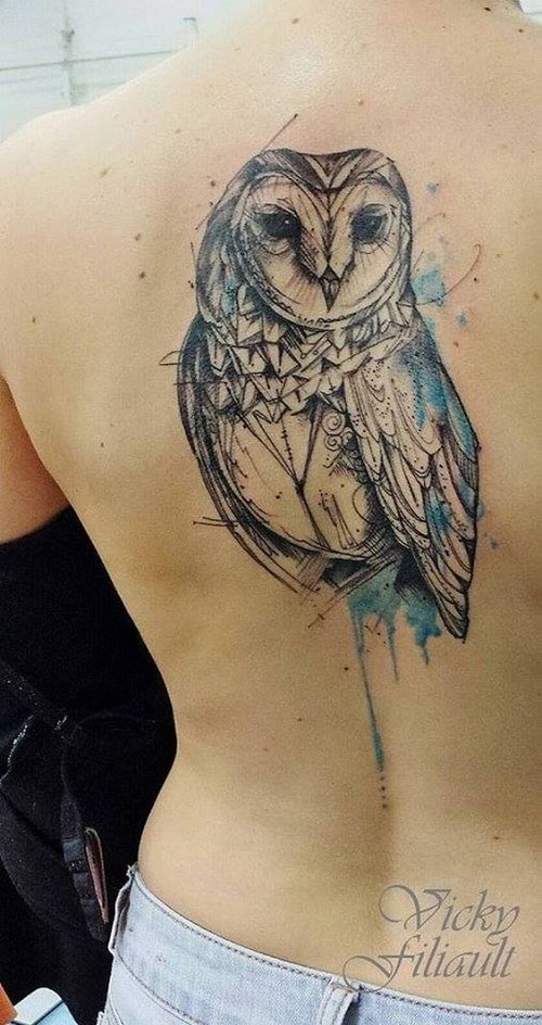 Blue Color Splash Geometric Owl Tattoo