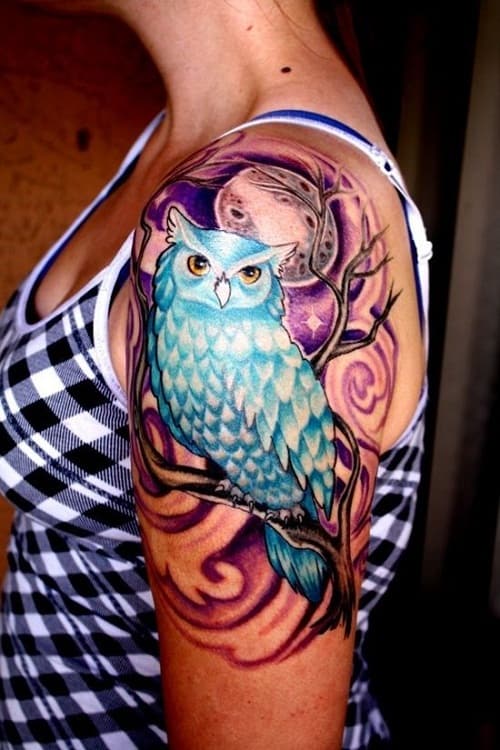 Blue Owl with Full Moon Tattoo