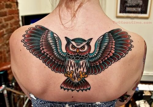 Center Back Colorful Owl Tattoo