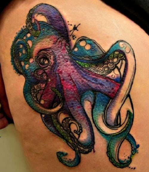 Colorful Octopus Tattoo On Thigh