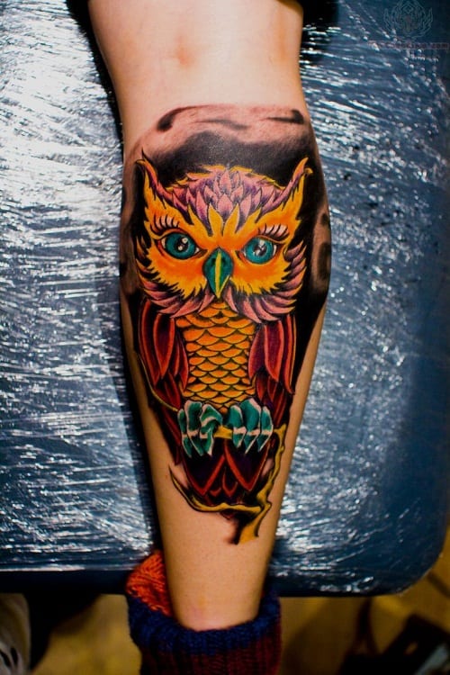 Colorful Owl Tattoo on Back Leg