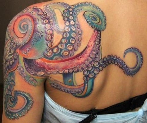 Colorful Tentacles Octopus Tattoo On Arm And Back