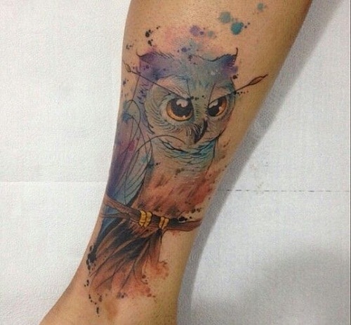 Colorsplash Owl Tattoo on a Branch