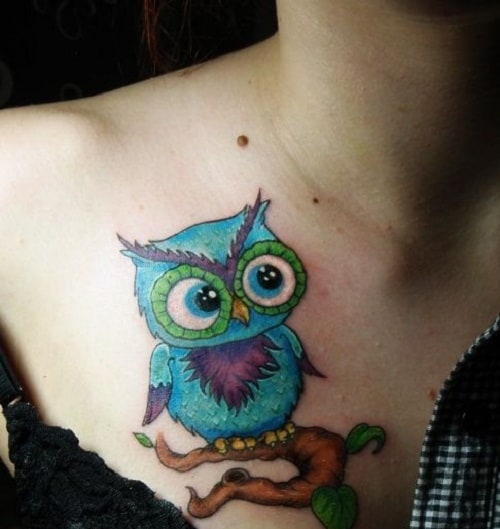 Cute Blue Owl Tattoo on Chest