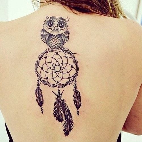 Cute Old Owl with Dream Catcher Tattoo