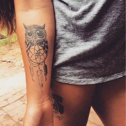 Cute Owl with Dream Catcher Tattoo